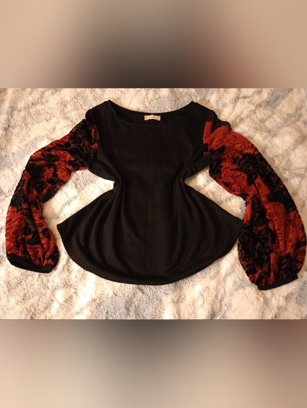 Elegant Black Top with Red Velvet Burnout Bishop Sleeves